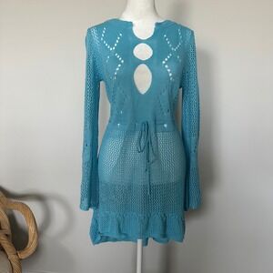 Aqua Crochet Long Sleeve Dress/Swimsuit Coverup - SIZE est. M Festival Vacation